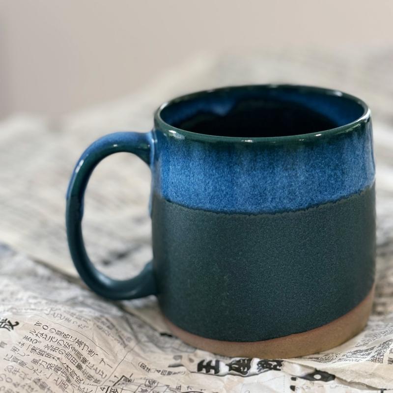 Handcrafted Japanese large mug in dark green colour with a large handle. Made in Gifu prefecture, Japan.
