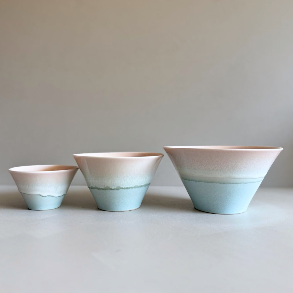 Sinkogama handcrafted bowls in charming pastel pink and blue colour, made in Gifu, Japan. Unique three-glaze design, adds durability. Available at Toka Ceramics.