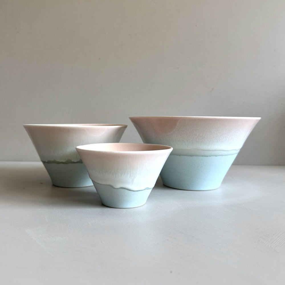 Sinkogama handcrafted bowls in charming pastel pink and blue colour, made in Gifu, Japan. Unique three-glaze design, adds durability. Available at Toka Ceramics.