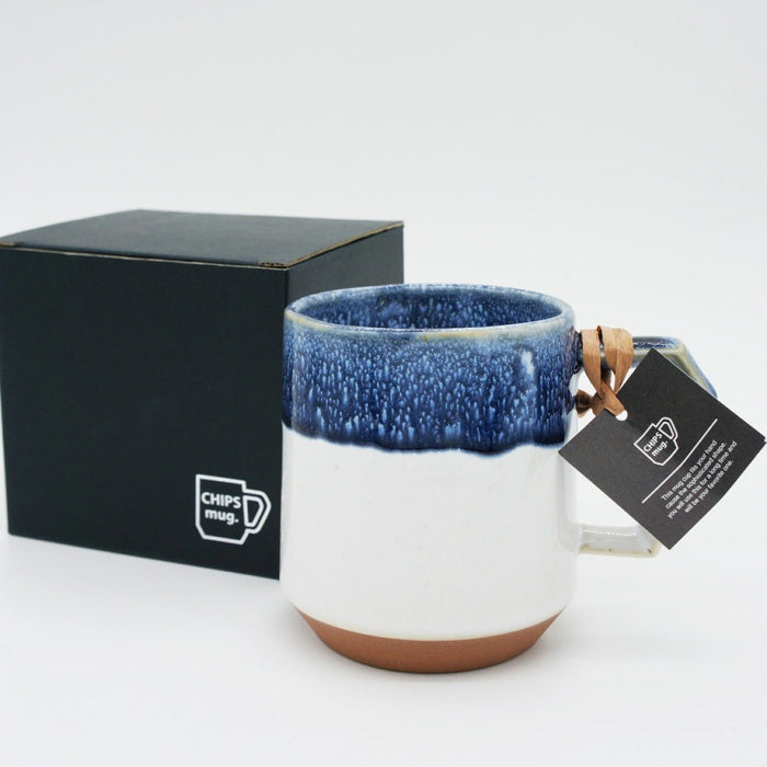 Chips Large Mug White/Navy Drop, handmade in Japan. Mino Ware. Available at Toka Ceramics.