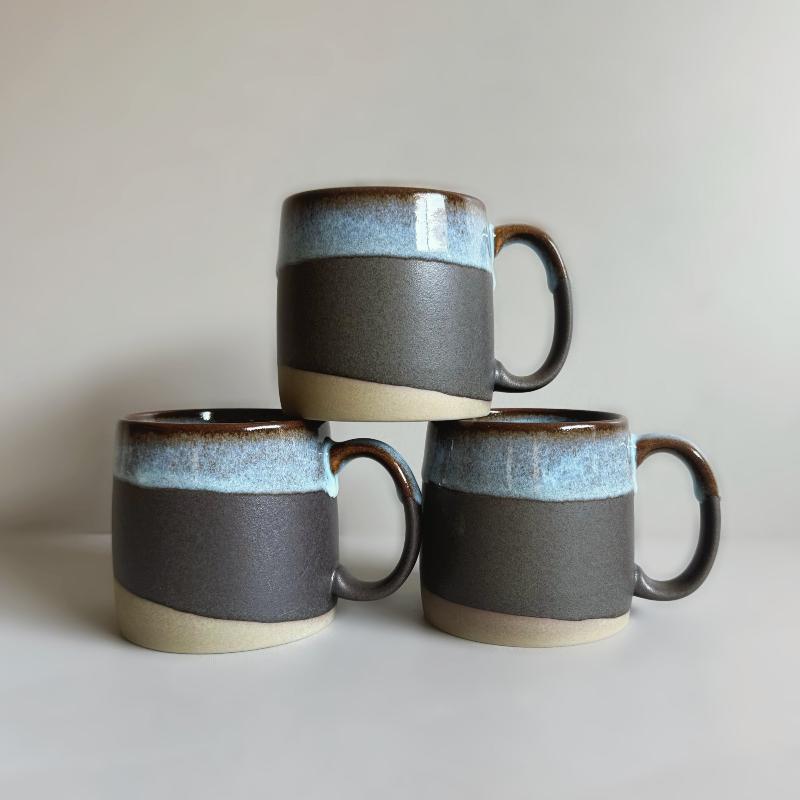 3 xhandcrafted large porcelain TOKA mug in black with a large handle. Made in Japan. 