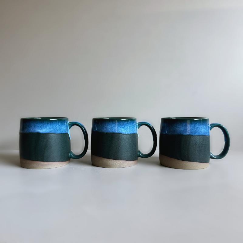 Handcrafted Japanese large mug in dark green colour with a large handle. Made in Gifu prefecture, Japan.