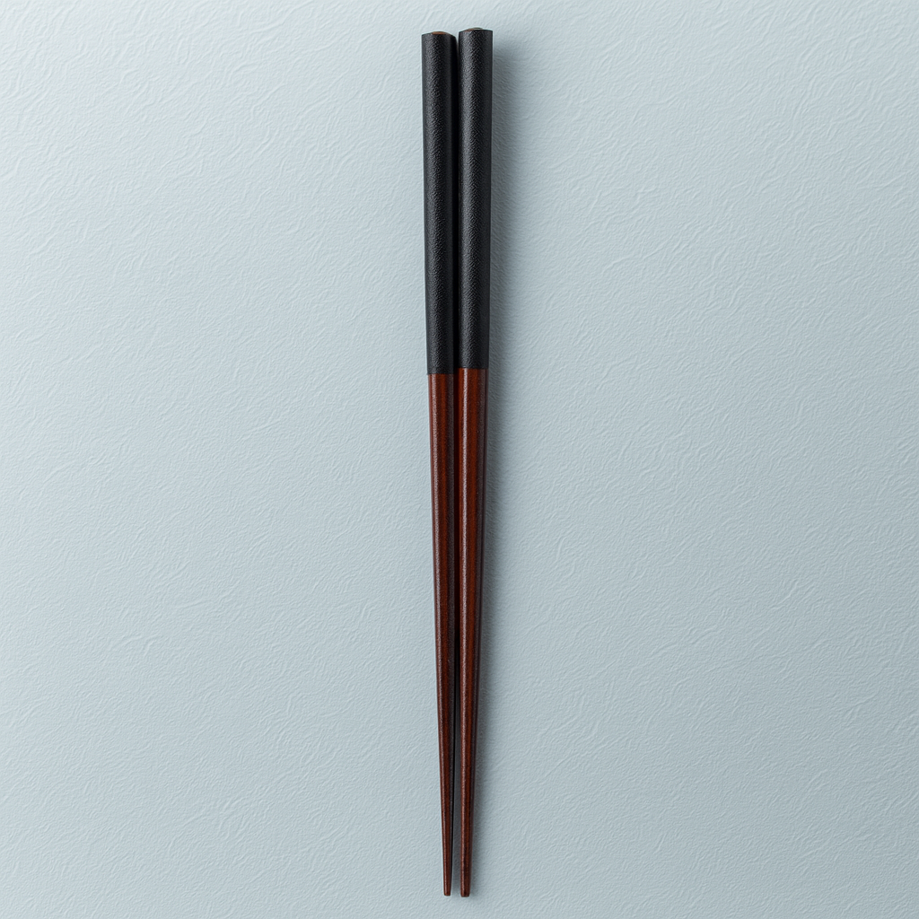 Pair of black and brown wooden chopsticks on a light gray background