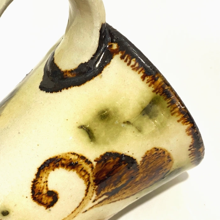 Yachimun Yonamine Green and Amber Mug. Handmade in Okinawa, Japan. Available at Toka Ceramics.