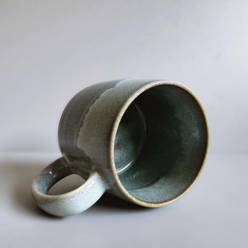 Handcrafted large Japanese mug in grey glaze with a large handle. Made in Gifu prefecture, Japan.