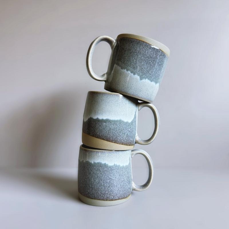 Handcrafted large Japanese mug in grey glaze with a large handle. Made in Gifu prefecture, Japan.