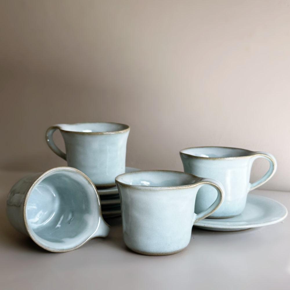 Japanese porcelain cup and saucer set in sky blue glaze. Made in Japan, Mino Ware. Available at Toka Ceramics.