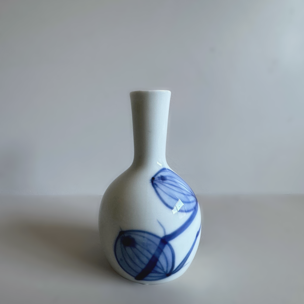 Japanese porcelain stem vase with Hoozuki, Japanese lantern drawing. Mino ware. Available at Toka Ceramics.