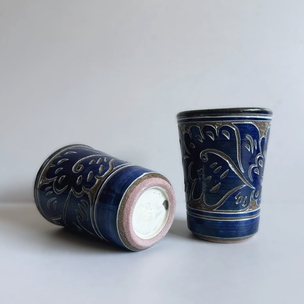 Japanese ceramic tumbler with carved Karakusa (Arabesque) pattern, handcrafted by Yachimun Yonamine in Japan. Available at Toka Ceramics.