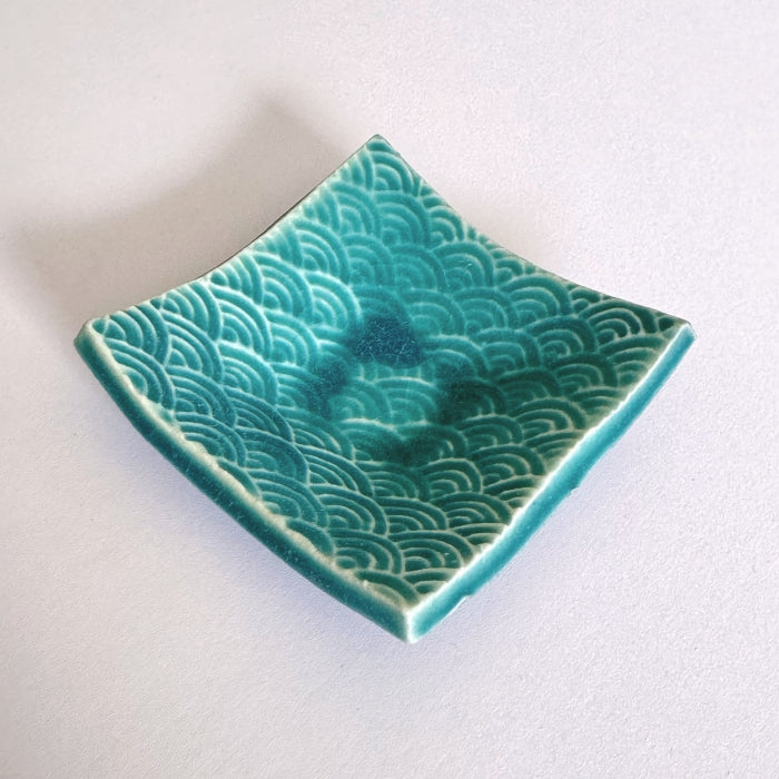 Shoyogama Mamezara Mini Curved Plate in Teal Glaze. Handcrafted in Hyogo Prefecture, Japan. Tamba Ware. Available at Toka Ceramics.