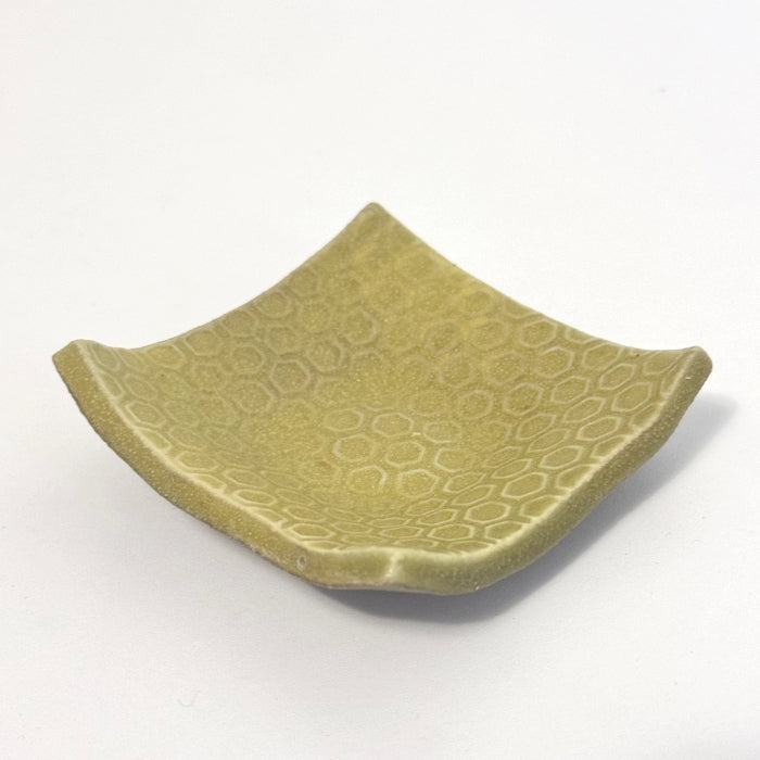 Shoyogama Mamezara Mini Curved Plate in Yellow Yuzu Glaze. Handcrafted in Hyogo Prefecture, Japan. Tamba Ware. Available at Toka Ceramics.