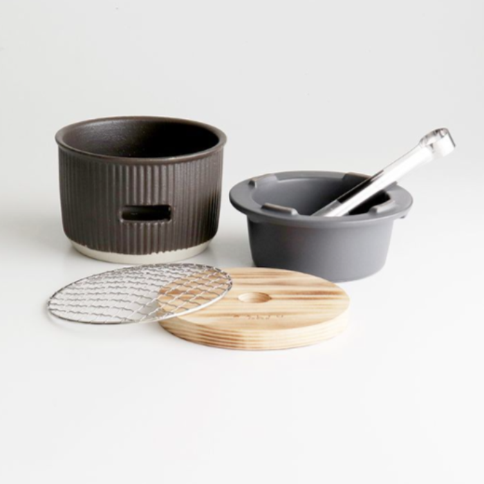 Shikika Japanese Charcoal Grill Set in Black glaze. Handmade in Gifu prefecture, Japan. Mino Ware. Available at Toka Ceramics.