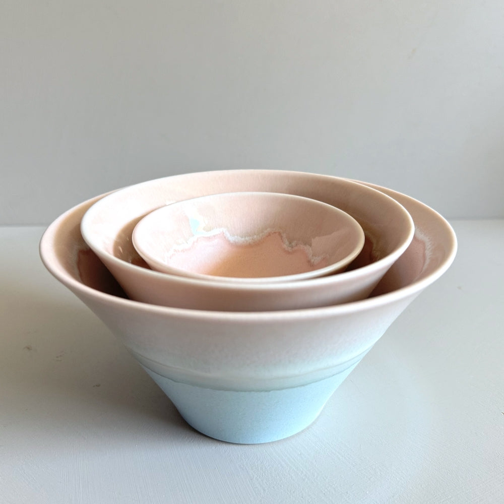 Sinkogama handcrafted bowls in charming pastel pink and blue colour, made in Gifu, Japan. Unique three-glaze design, adds durability. Available at Toka Ceramics.