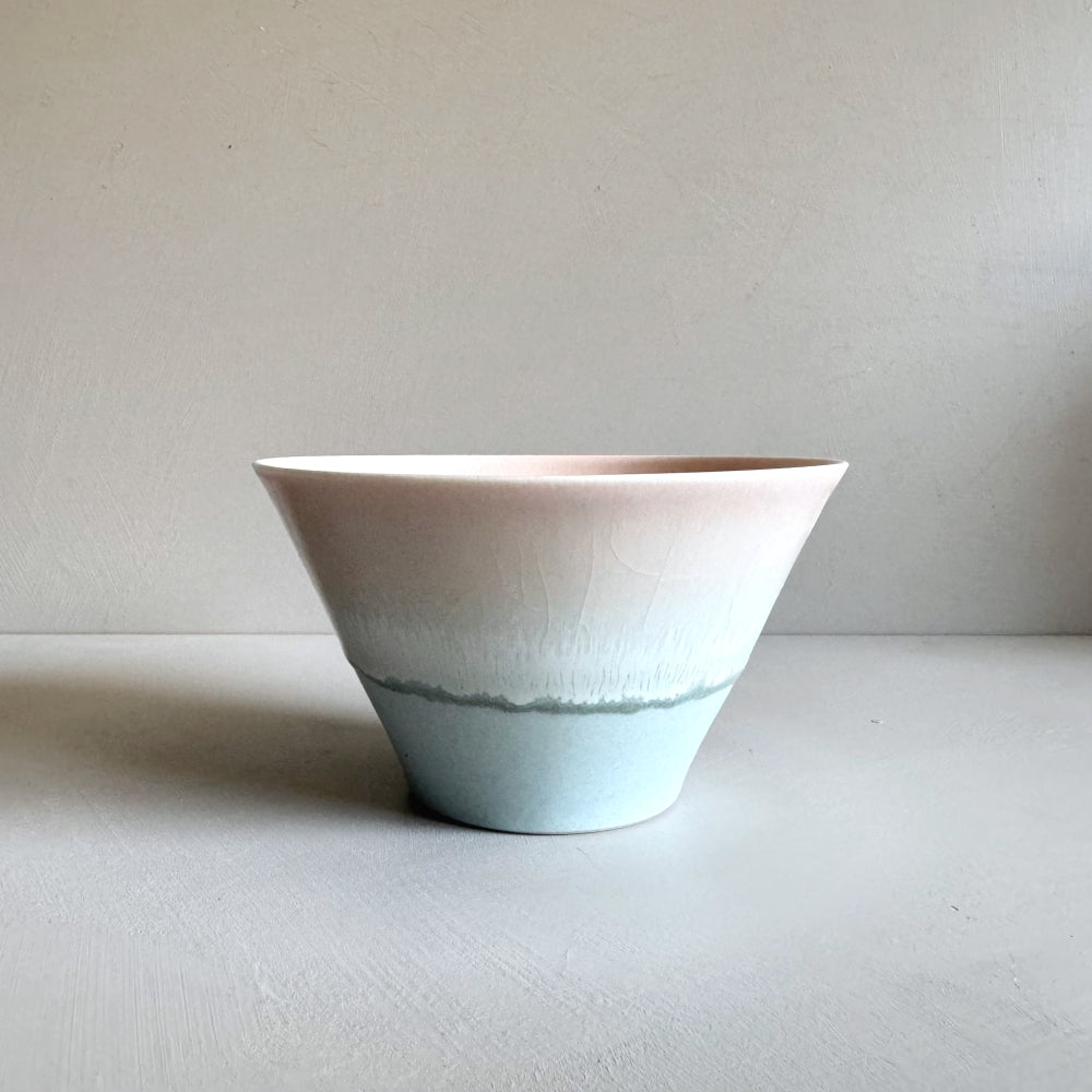 Sinkogama handcrafted medium bowl in charming pastel pink and blue colour, made in Gifu, Japan. Unique three-glaze design, adds durability. Available at Toka Ceramics.