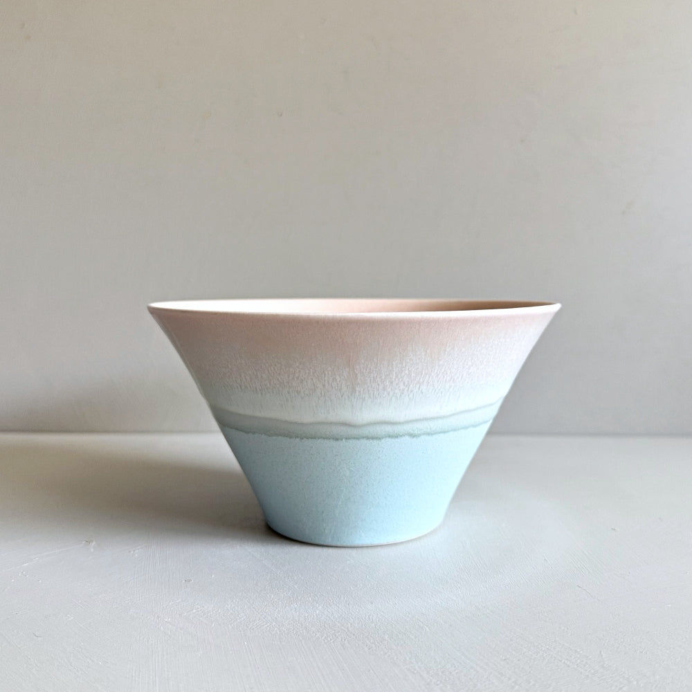Sinkogama handcrafted large bowl in charming pastel pink and blue colour, made in Gifu, Japan. Unique three-glaze design, adds durability. Available at Toka Ceramics.