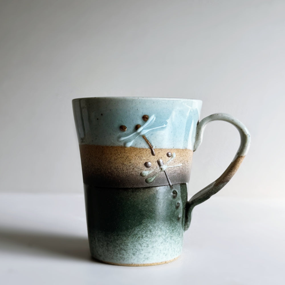 Japanese handmade mug with dragonfly motif. Made in Japan, Mino Ware. Available at Toka Ceramics.