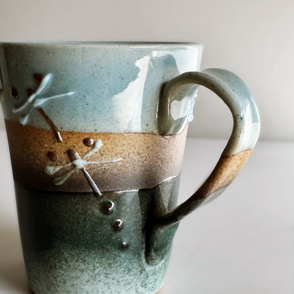 Japanese handmade mug with dragonfly motif. Made in Japan, Mino Ware. Available at Toka Ceramics.