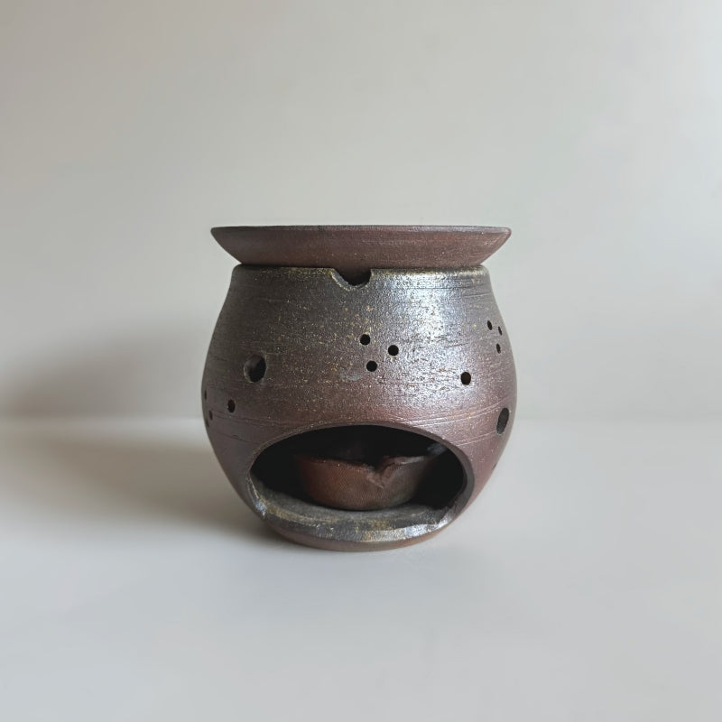 Handcrafted Cha Kouro, tea incense burner by Tsugaru Kanayama Pottery in Japan, featuring earthy unglazed surface. 