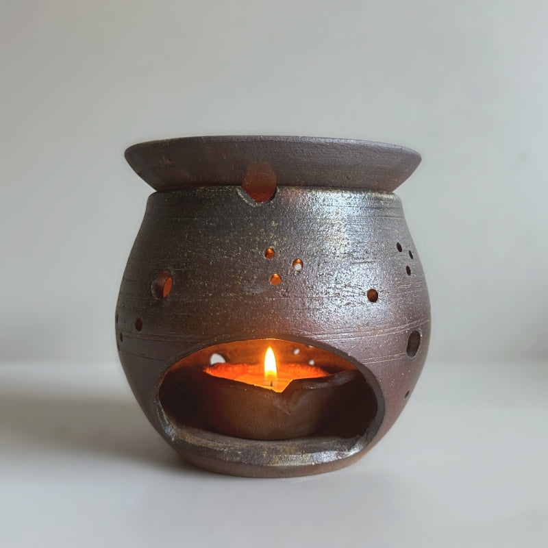 Handcrafted Cha Kouro, tea incense burner by Tsugaru Kanayama Pottery in Japan, featuring earthy unglazed surface. 