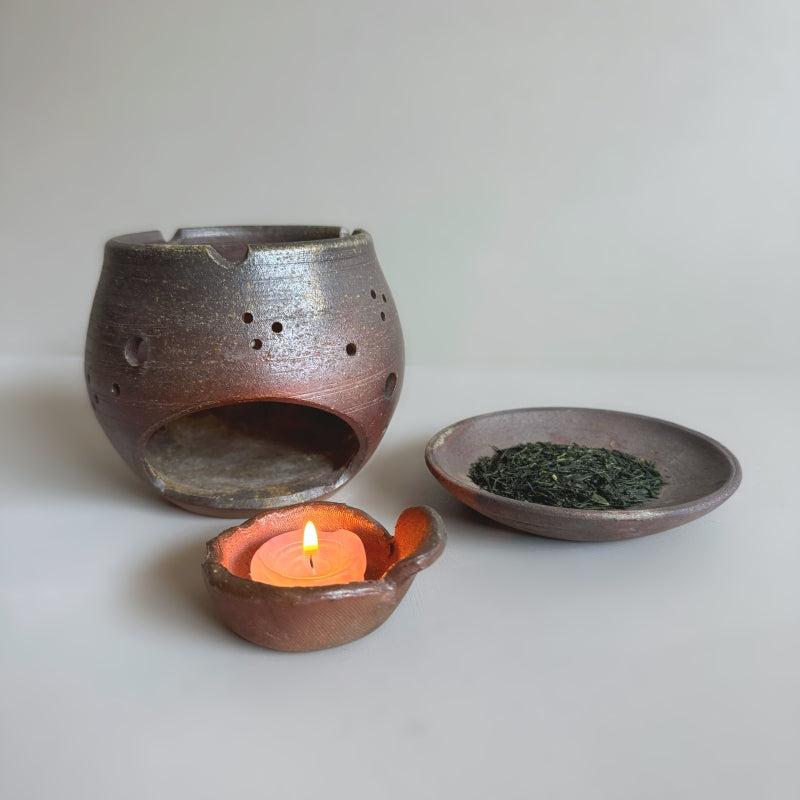 Handcrafted Cha Kouro, tea incense burner by Tsugaru Kanayama Pottery in Japan, featuring earthy unglazed surface. 