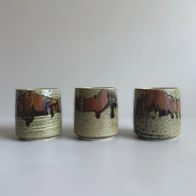 Set of 3 Japanese Yunomi - tea cup with green and brown glaze. Sourced directly in Japan.