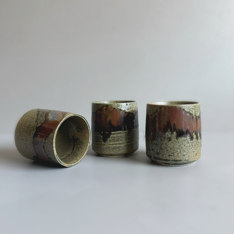 Set of 3 Japanese Yunomi - tea cup with green and brown glaze. Sourced directly in Japan.