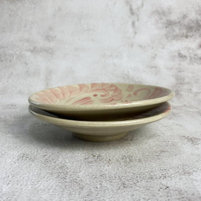 Yachimun Yonamine pastel pink plate 15cm diameter, handcrafted in Okinawa, Japan. Available at Toka Ceramics.