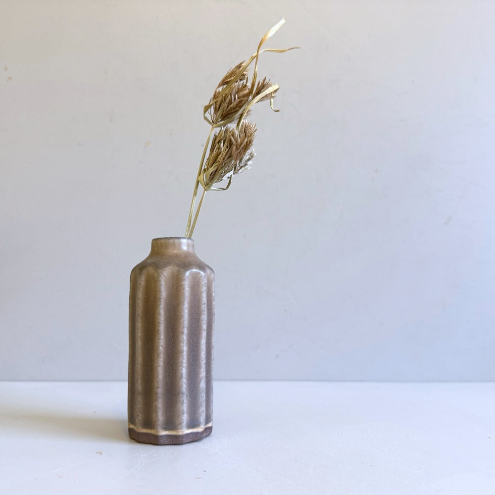 Small pottery stem vase in chestnut brown glaze. Handcrafted in Japan, Tambwa Ware. Available at Toka Ceramics.