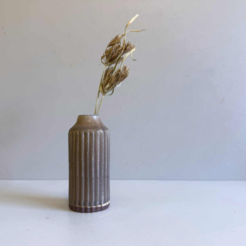 Small pottery stem vase in chestnut brown glaze. Handcrafted in Hyogo, Japan. Available at Toka Ceramics.